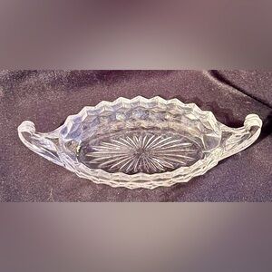 Elegant Clear Glass Serving Dish Crystal Fostoria American Cubist Handles VTG
